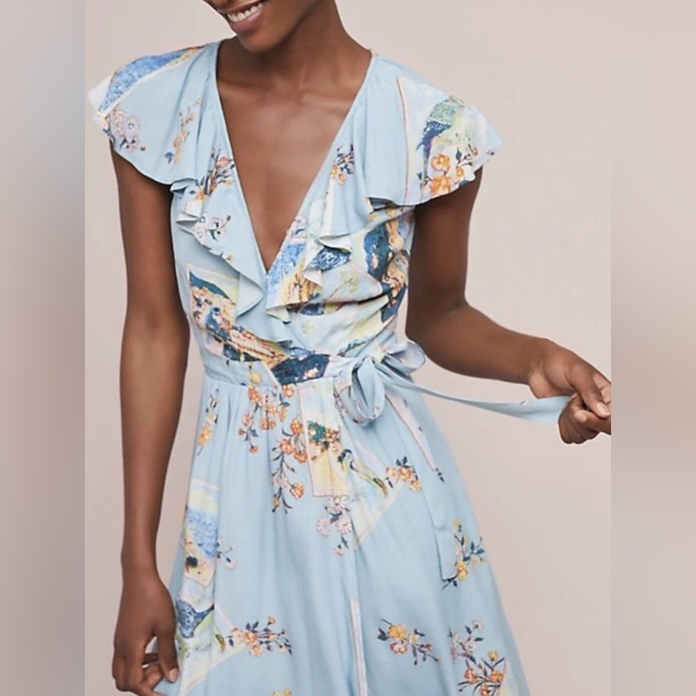 Maeve By Anthropologie Women’s Rosalia Blue Floral Wrap Dress Size: 6